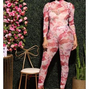 Sheer rose print body suit pants set